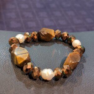 3/$20 Beaded Stretch Bracelet Faux Tigers Eye Pearl Bronze Natural Boho